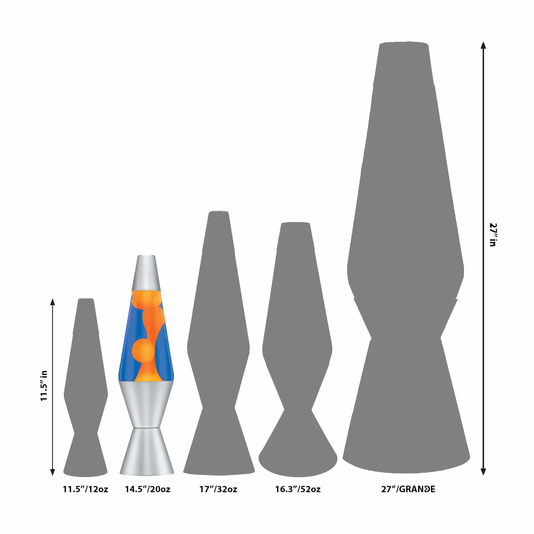 14.5” LAVA® Lamp – Orange/Blue/Silver Size Comparison