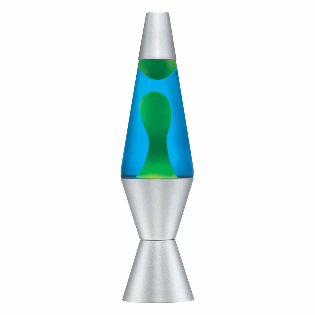 Silver Lava Lamp with Blue Liquid and Green Wax