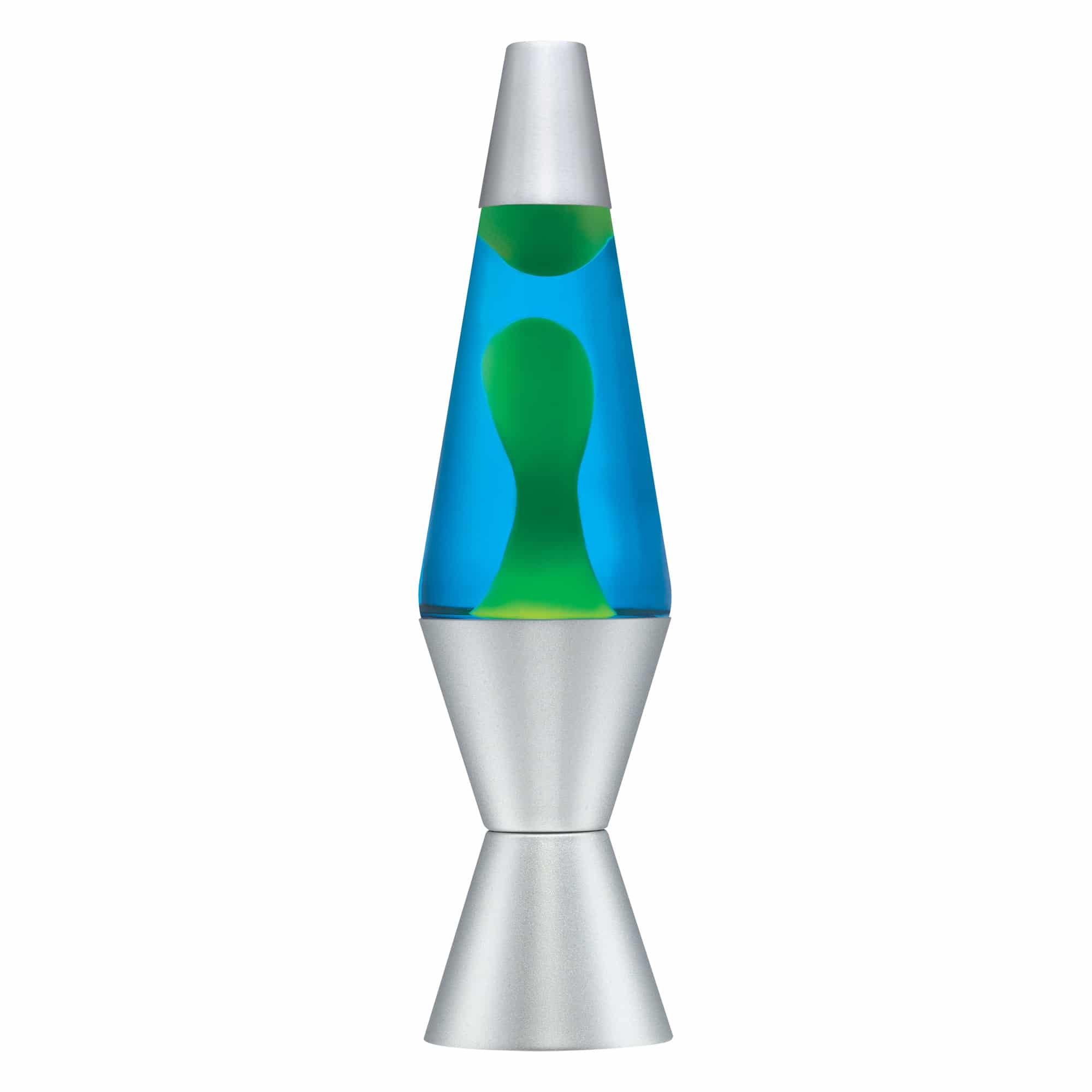 Silver Lava Lamp with Blue Liquid and Green Wax